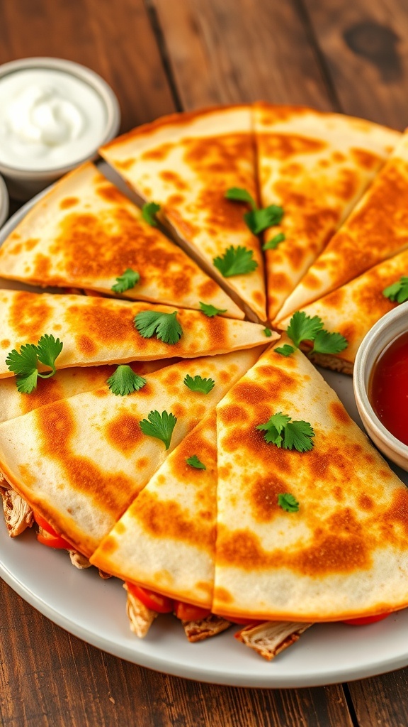 Golden chicken quesadillas filled with cheese and vegetables, served with sour cream and salsa on a rustic table.